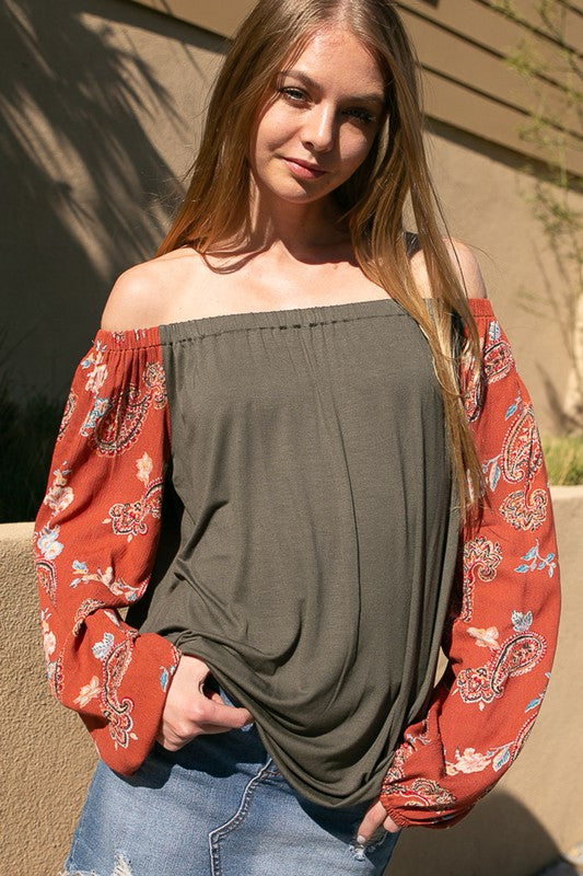 Solid Paisley Off Shoulder Top Plus Size