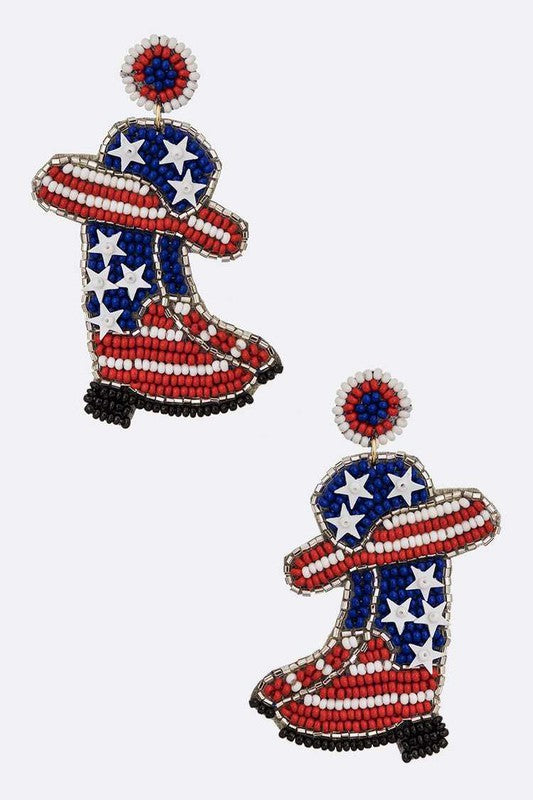 USA Flag Beaded Boots And Hat Earrings