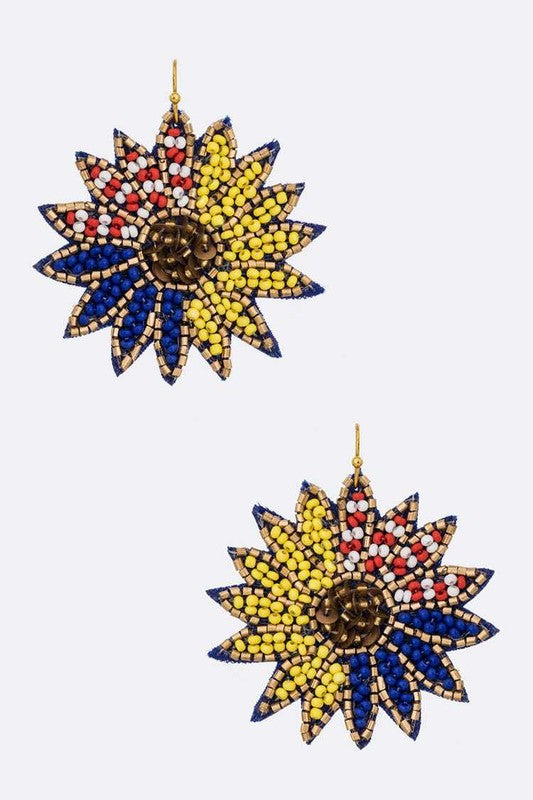 USA Flag Sunflower Beaded Earrings