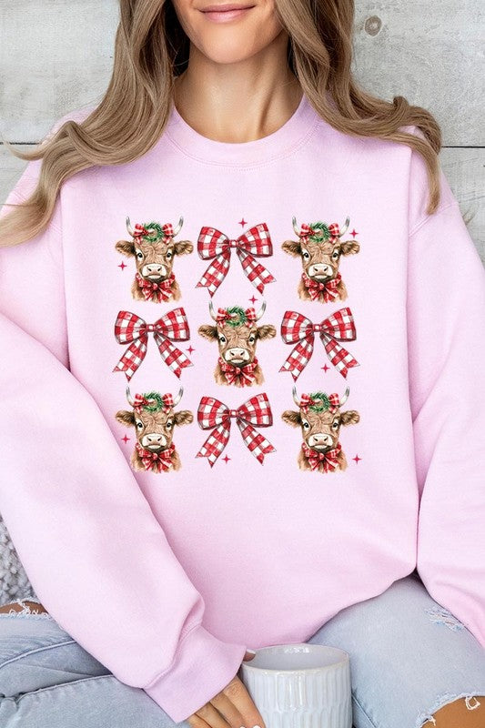 Christmas Highland Cow Graphic Fleece Sweatshirt