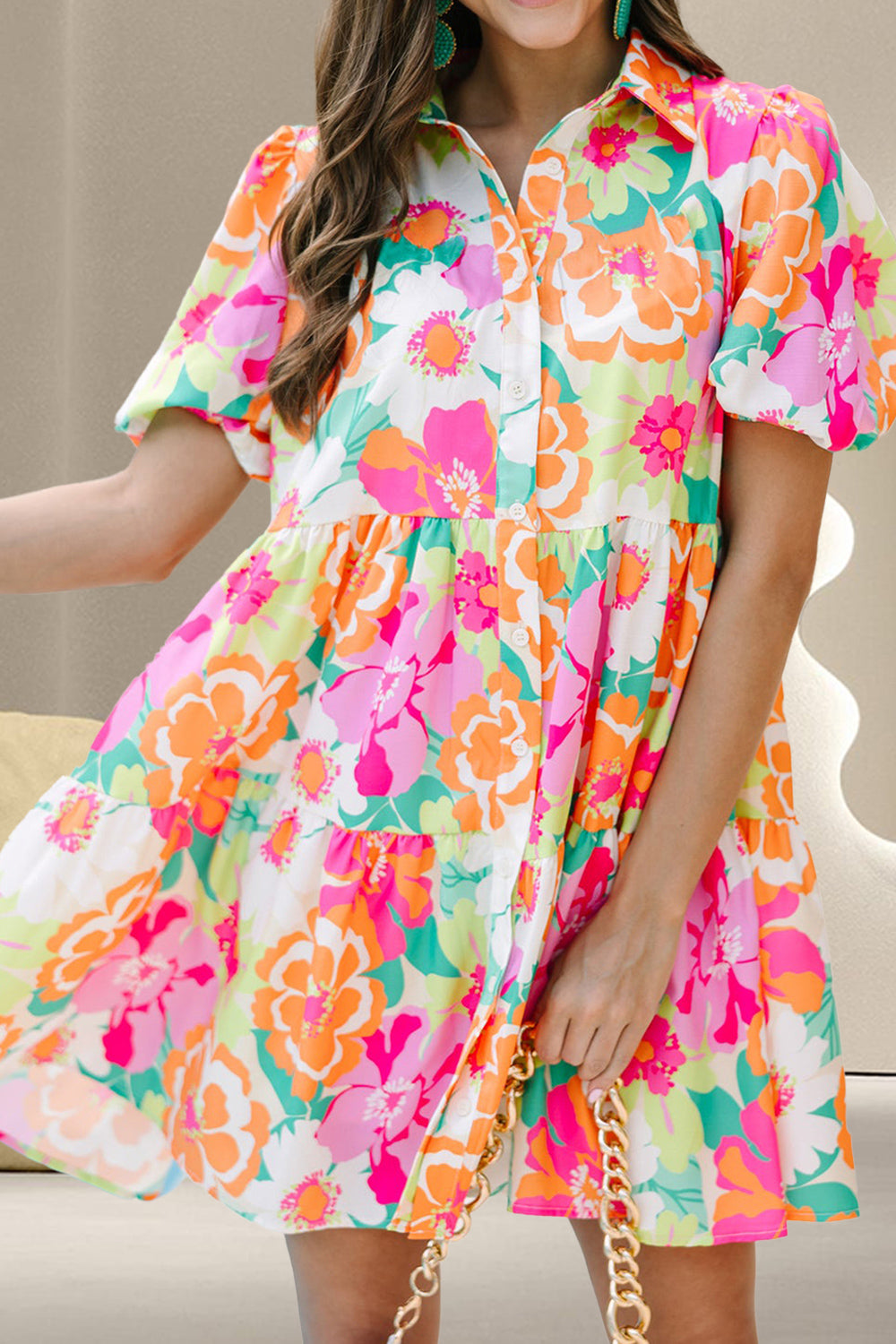 Blooms Tiered Printed Short Sleeve Mini Dress