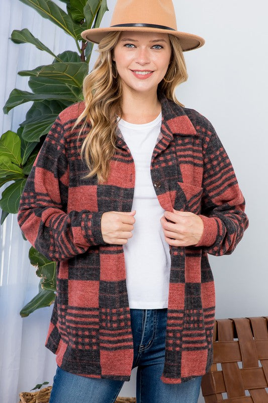 Fuzzy Plaid Button Down Shacket Plus Size