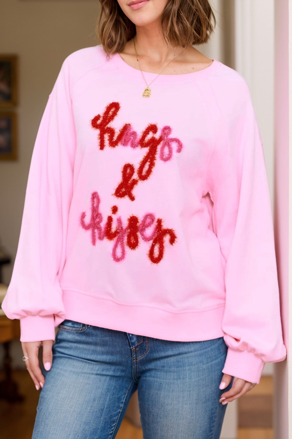 Hugs and Kisses Round Neck Long Sleeve Sweatshirt