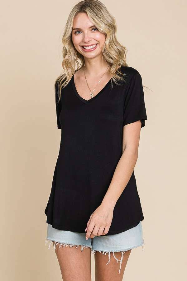 CAY1490 - SEMI LOOSE V-NECK SHORT SLEEVE TOP