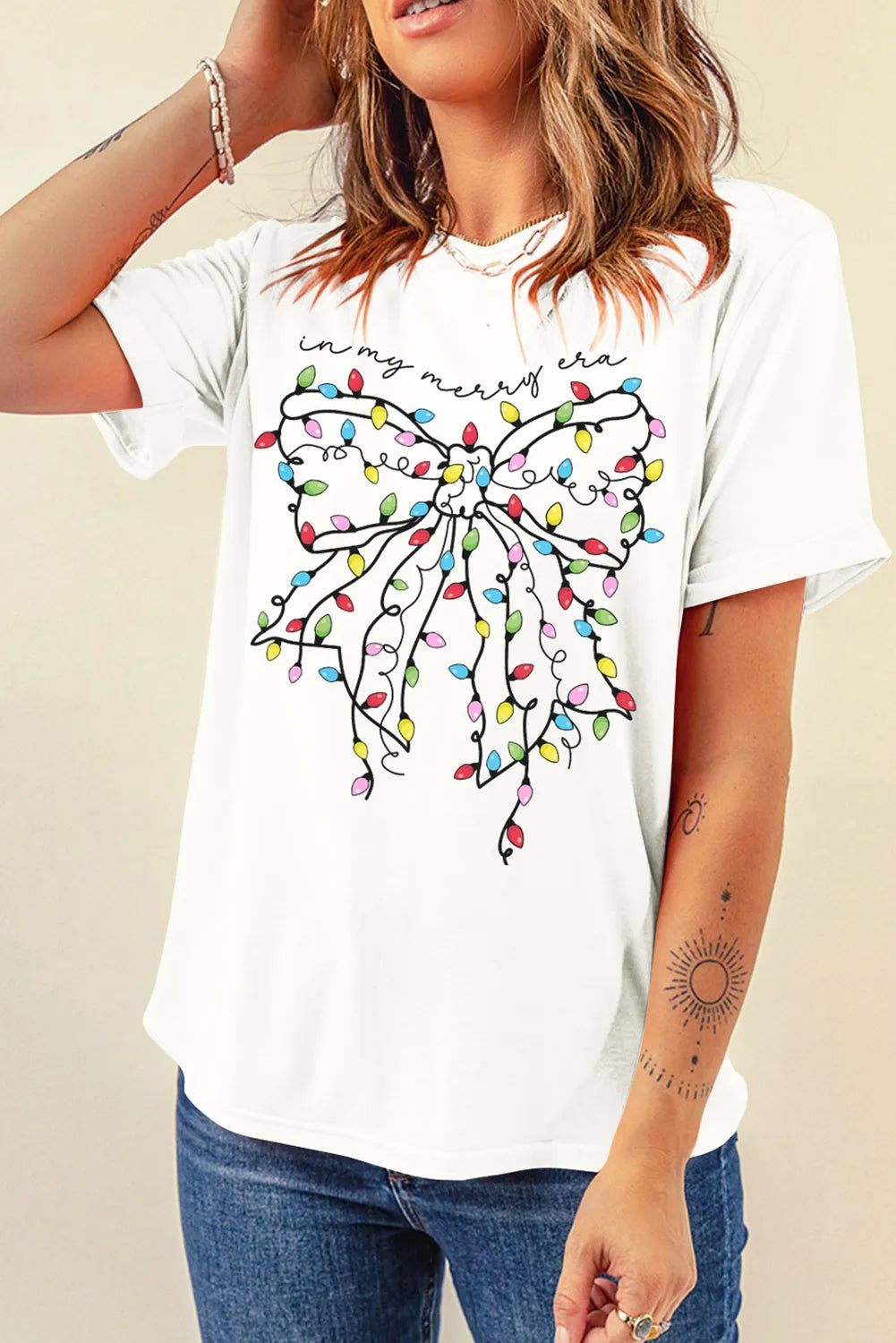 Christmas Bow Round Neck Short Sleeve T-Shirt