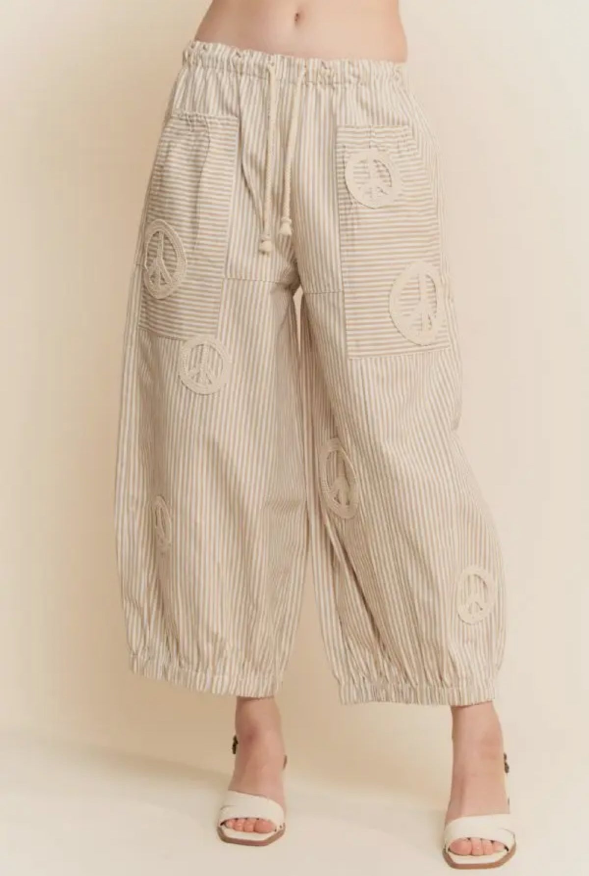 Davi & Dani Peace Sign Pinstripe Palazzo Pants Taupe