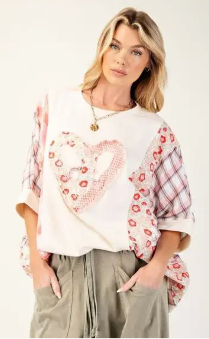 Easel White Heart Peace Patch Terry Knit Top