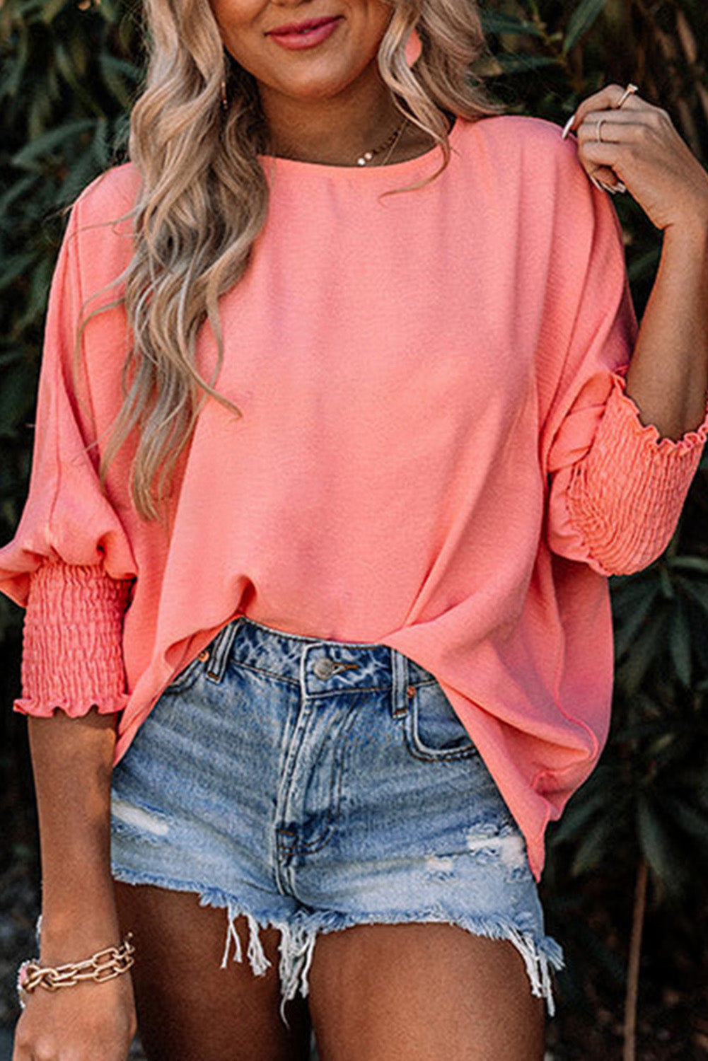 Pink Casual Shirred Cuffs Half Sleeve Top