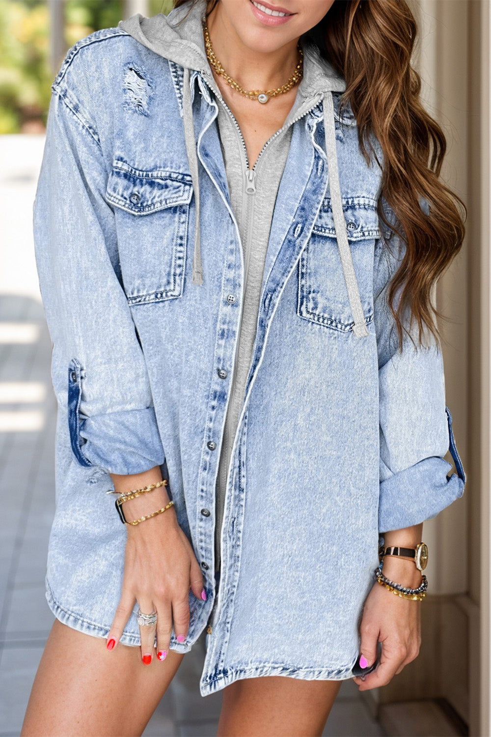 Distressed Long Sleeve Denim Jacket