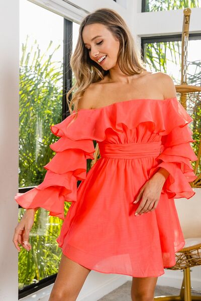 Coral Sunset Ruched Dress