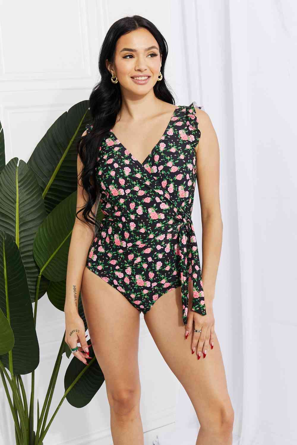 Swim Full Size Float On Ruffle Faux Wrap One-Piece in Floral